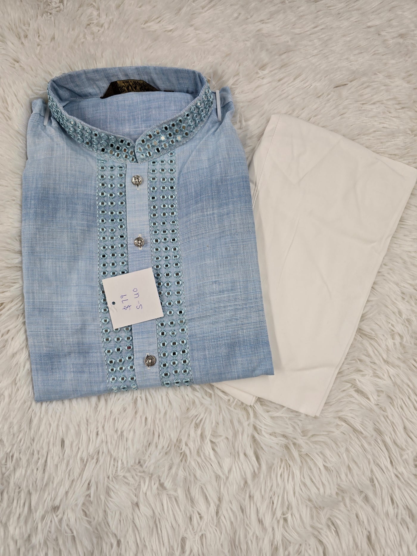 Men’s Sky Blue Mirror Work Kurta with White Pajama