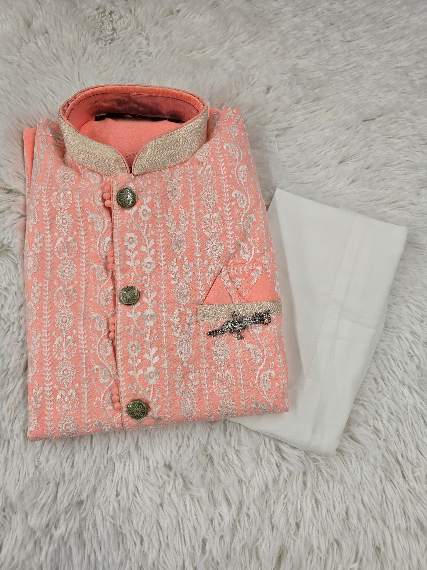 Men’s Peach Embroidered Coat Style Kurta Pajama Set