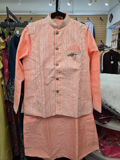 Men’s Peach Embroidered Coat Style Kurta Pajama Set