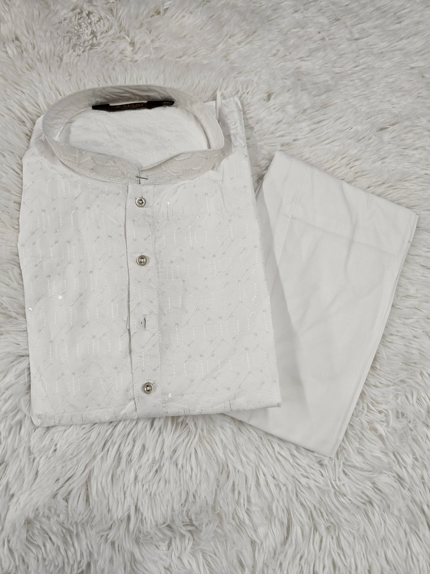 Men’s White Sequin-Patterned Kurta with Matching Pajama