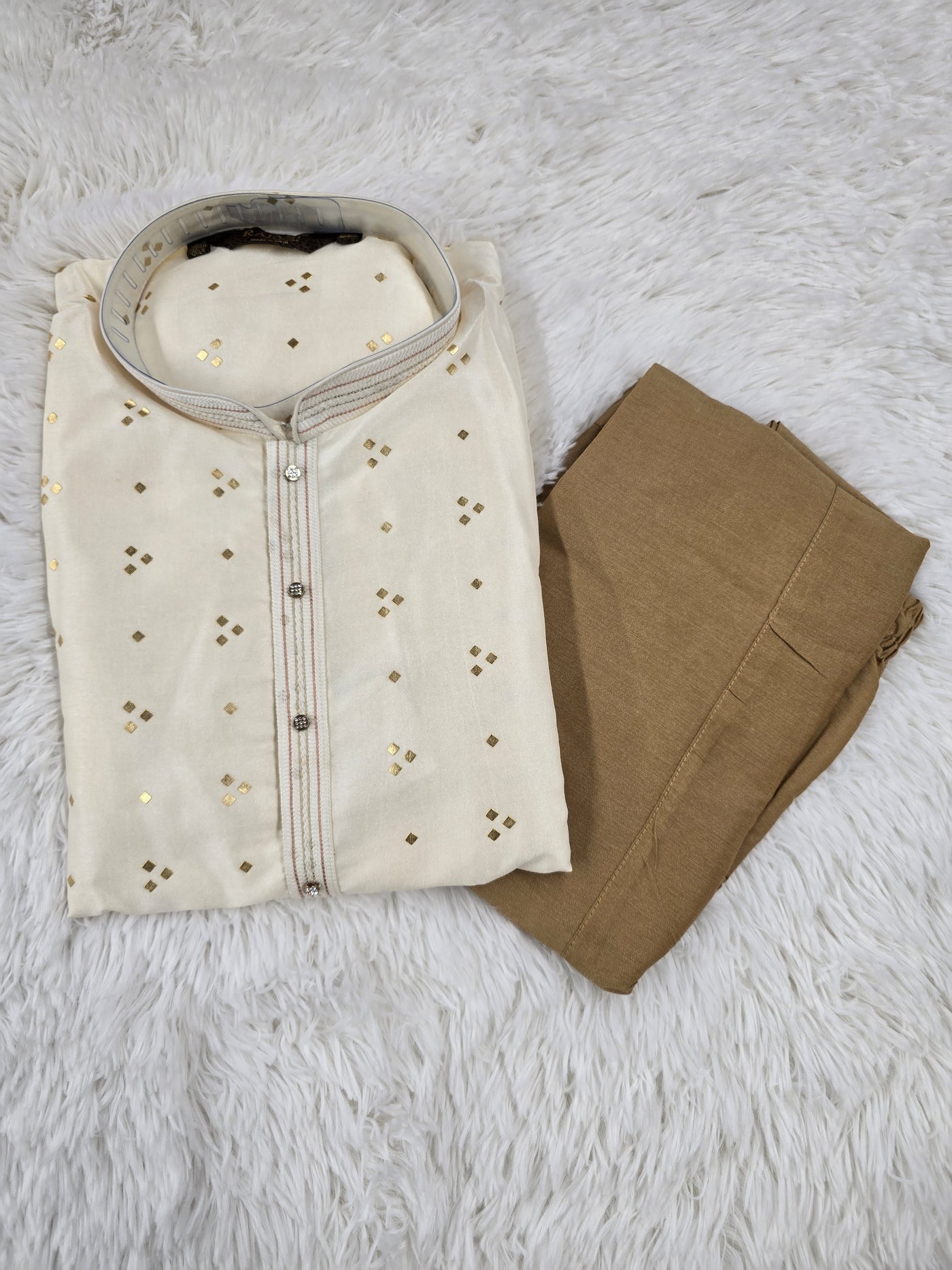 Men’s Cream Kurta with Golden Foil Work and Brown Pajama