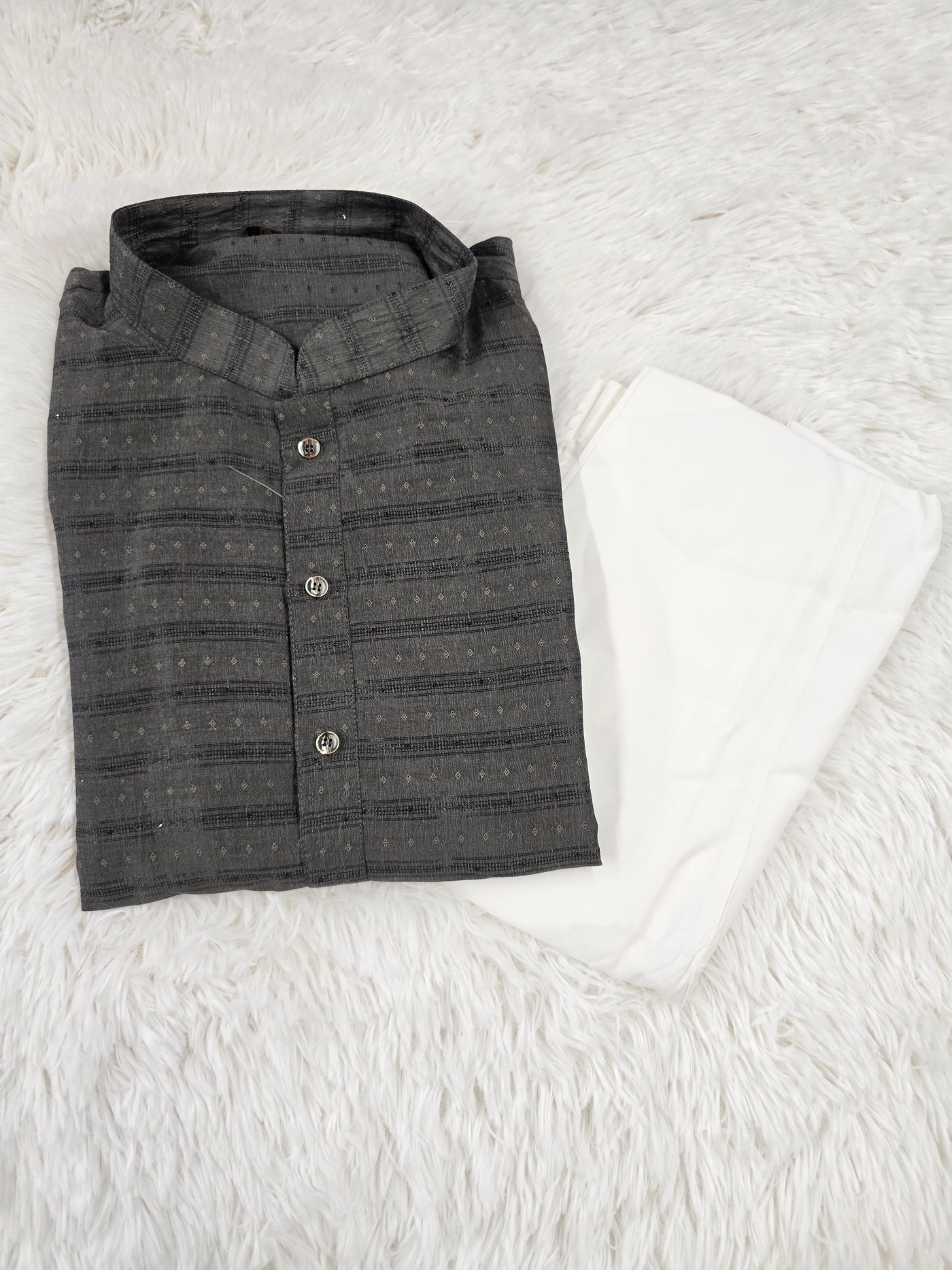 Men’s Charcoal Grey Textured Kurta with White Pajama