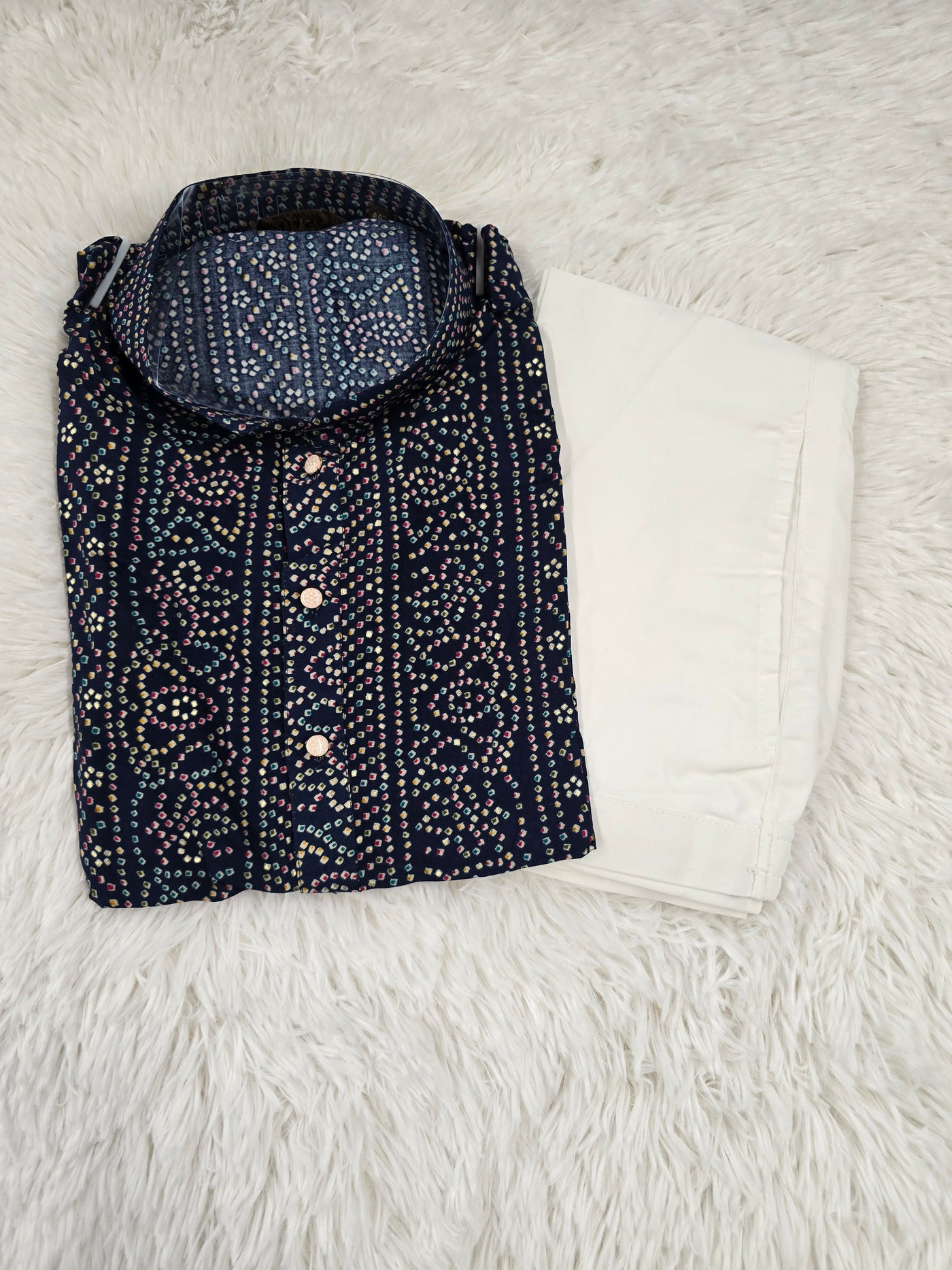 Men’s Navy Blue Bandhani Print Kurta with Off-White Pajama