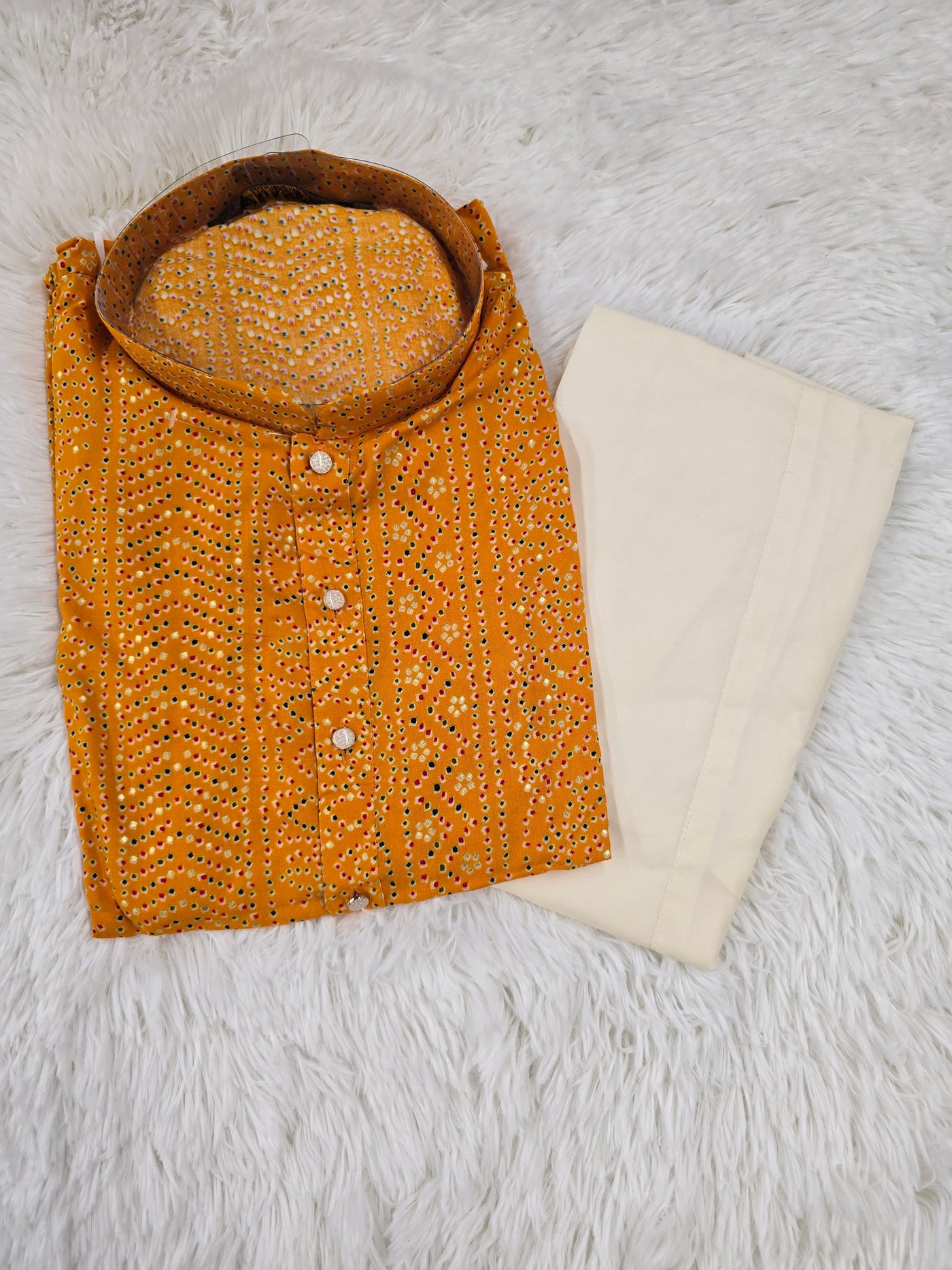 Men’s Mustard Yellow Bandhani Print Kurta with Cream Pajama