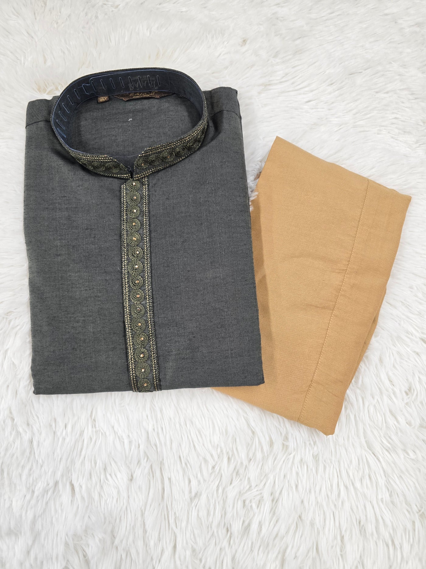 Men’s Charcoal Grey Kurta with Golden Beige Pajama