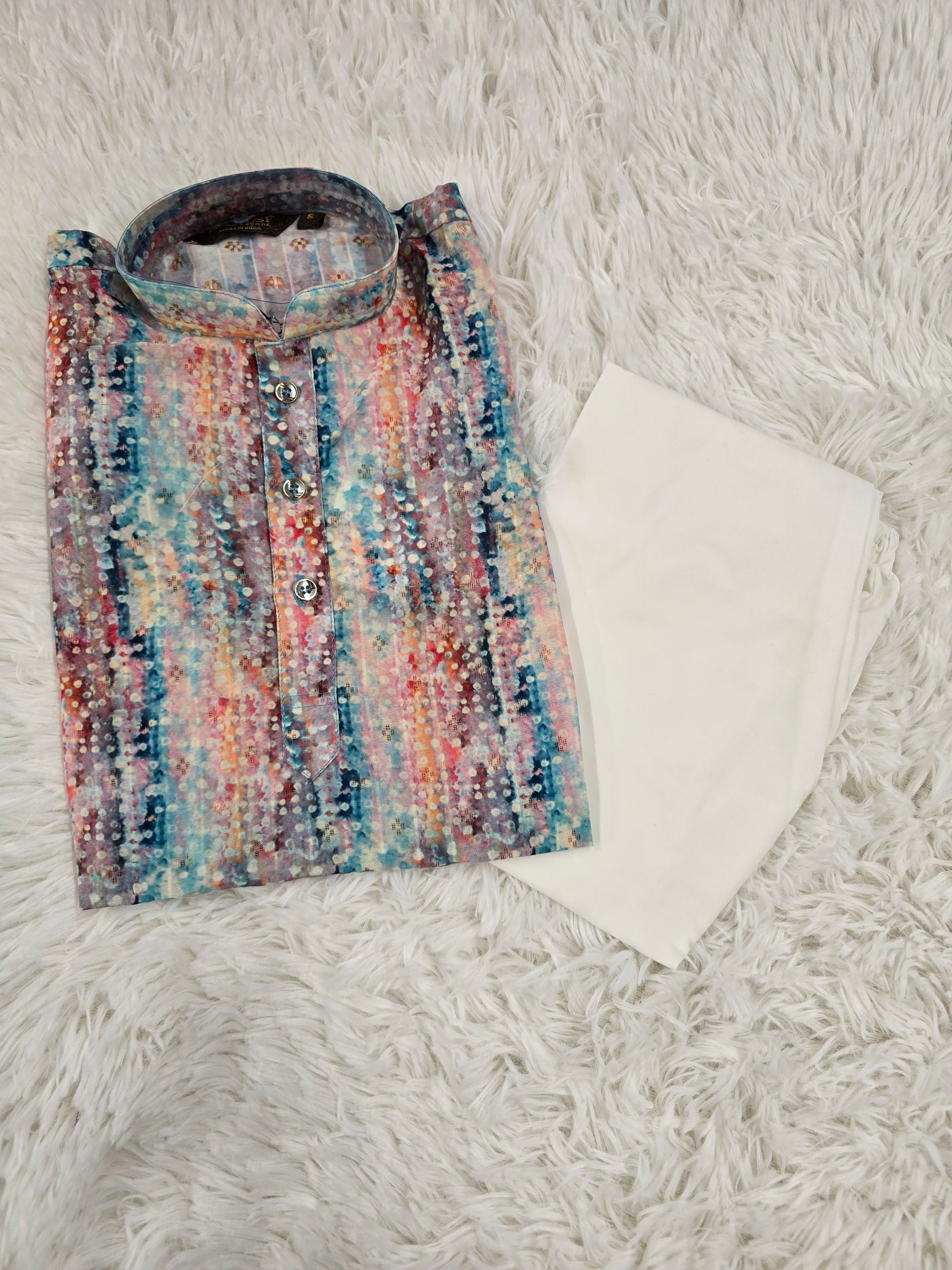 Boys Multicolor Printed Kurta with White Pajama