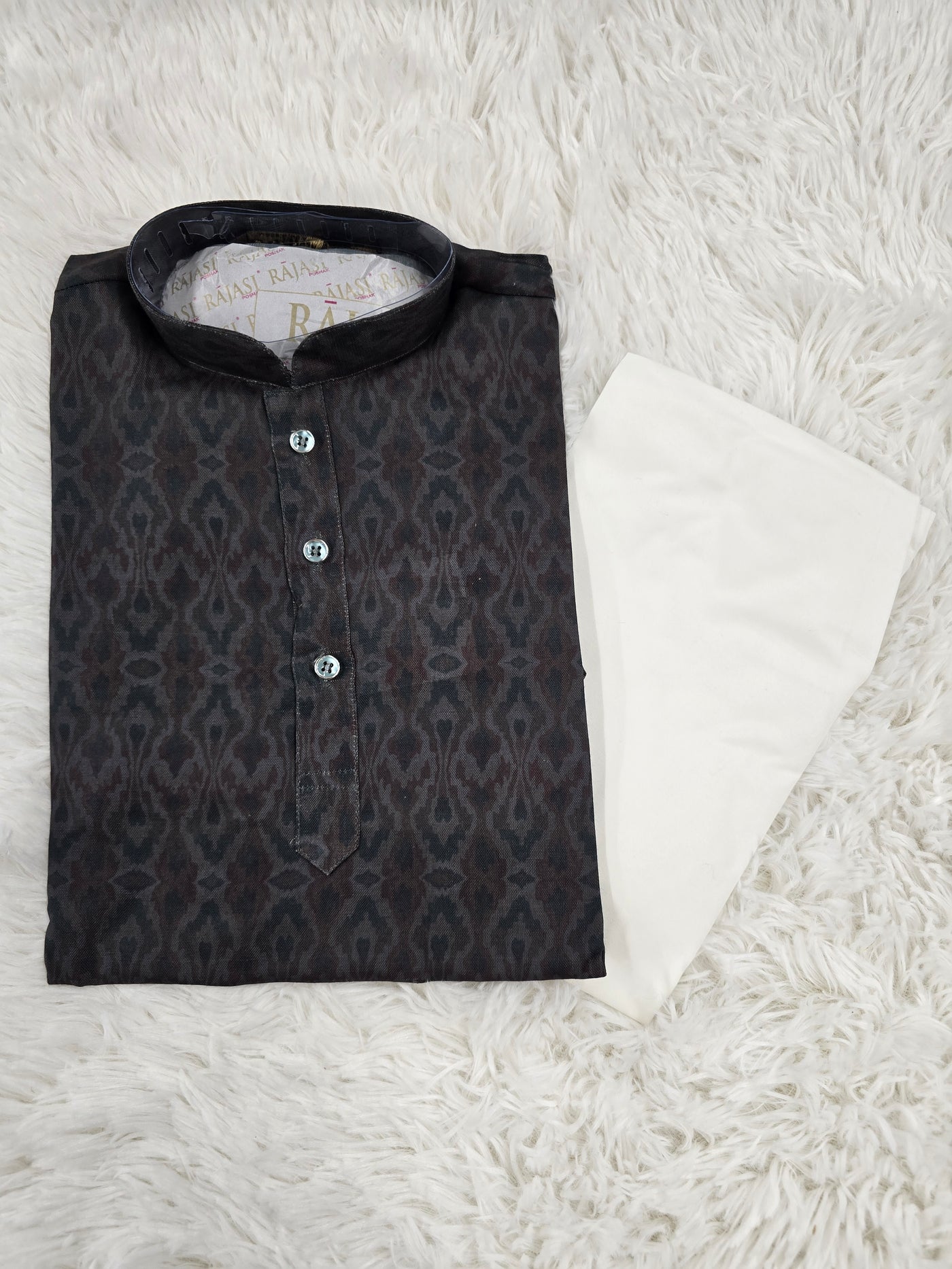 Boys Charcoal Grey Printed Kurta Set with White Pajama