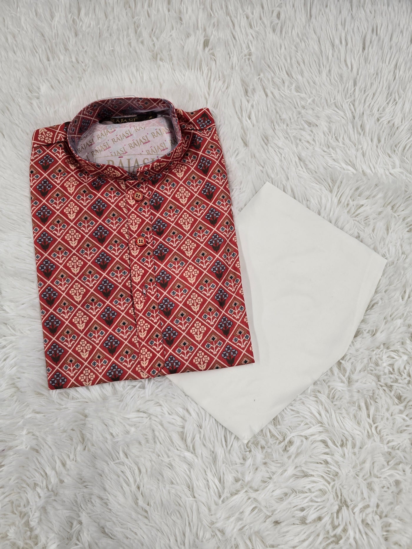 Boys Red Printed Kurta Set with White Pajama