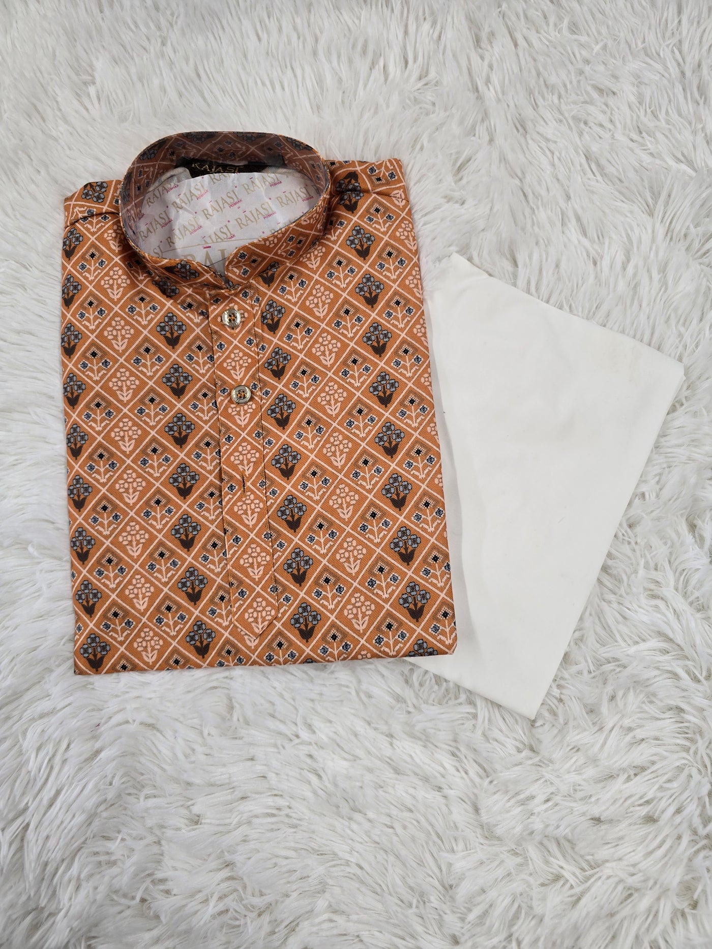 Boys Mustard Printed Kurta Set with White Pajama