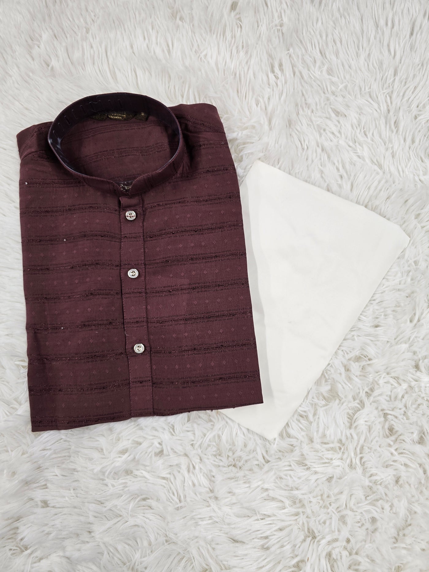 Boys Maroon Textured Kurta Set with White Pajama