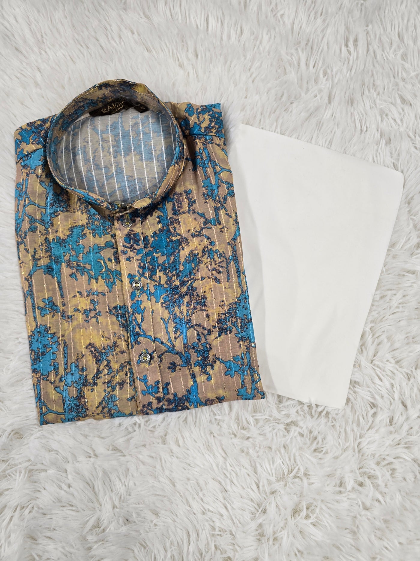 Beige and Blue Textured Kurta Pajama Set with Artistic Pattern