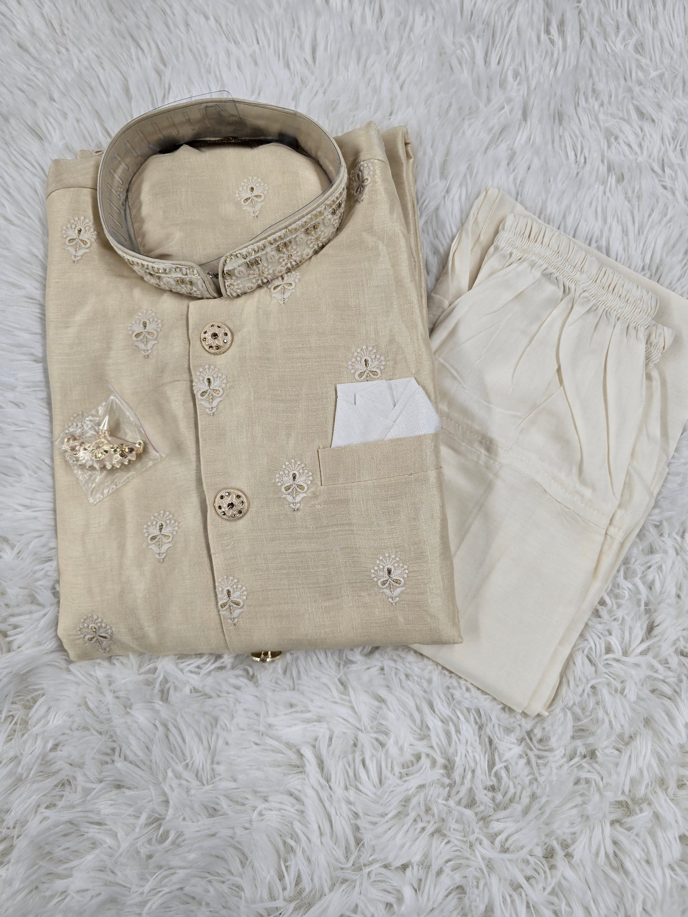 Boys Cream Embroidered Kurta Pajama Set with Elegant Collar Detailing