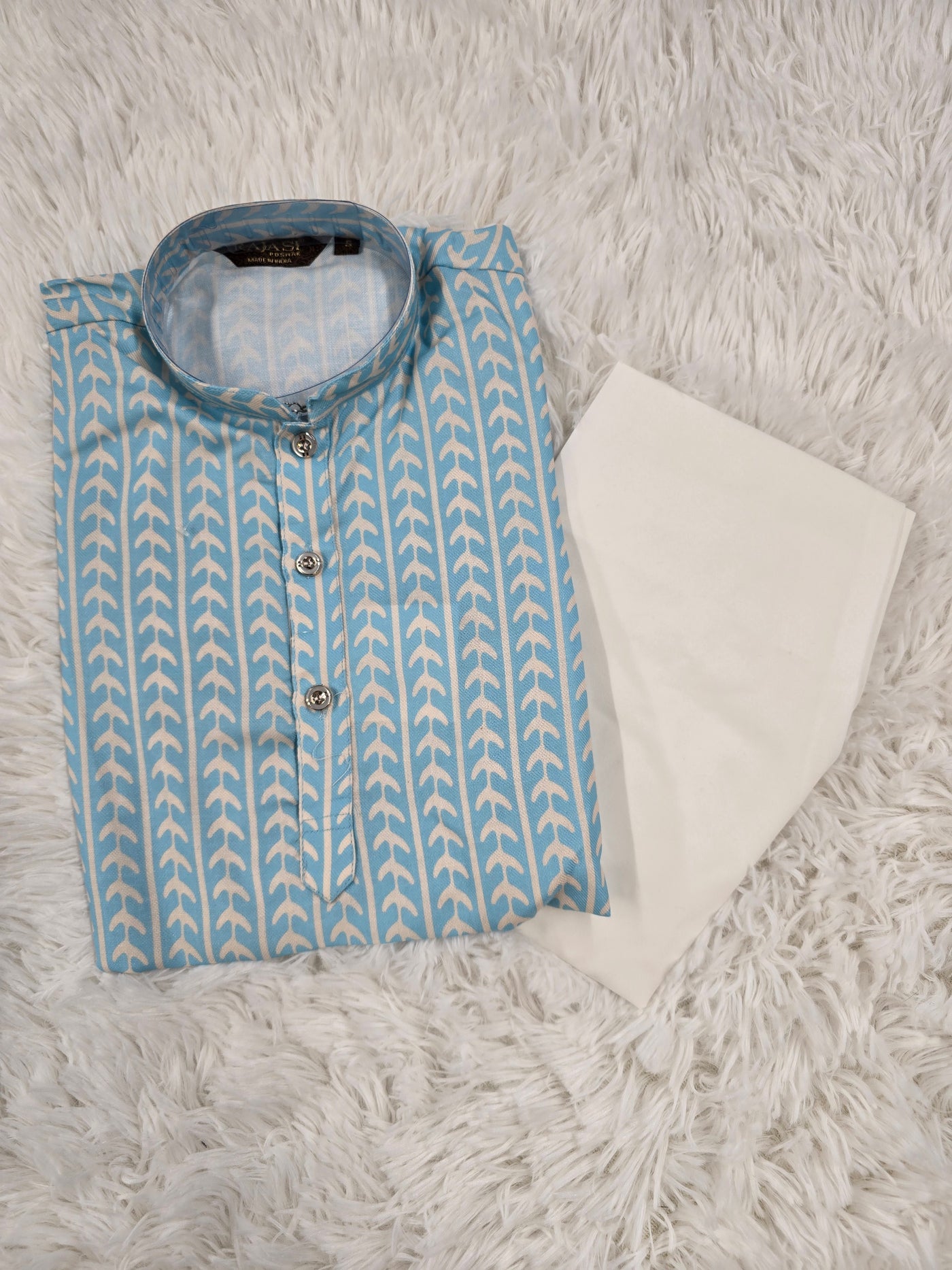 Boys Sky Blue Printed Kurta Set with White Pajama