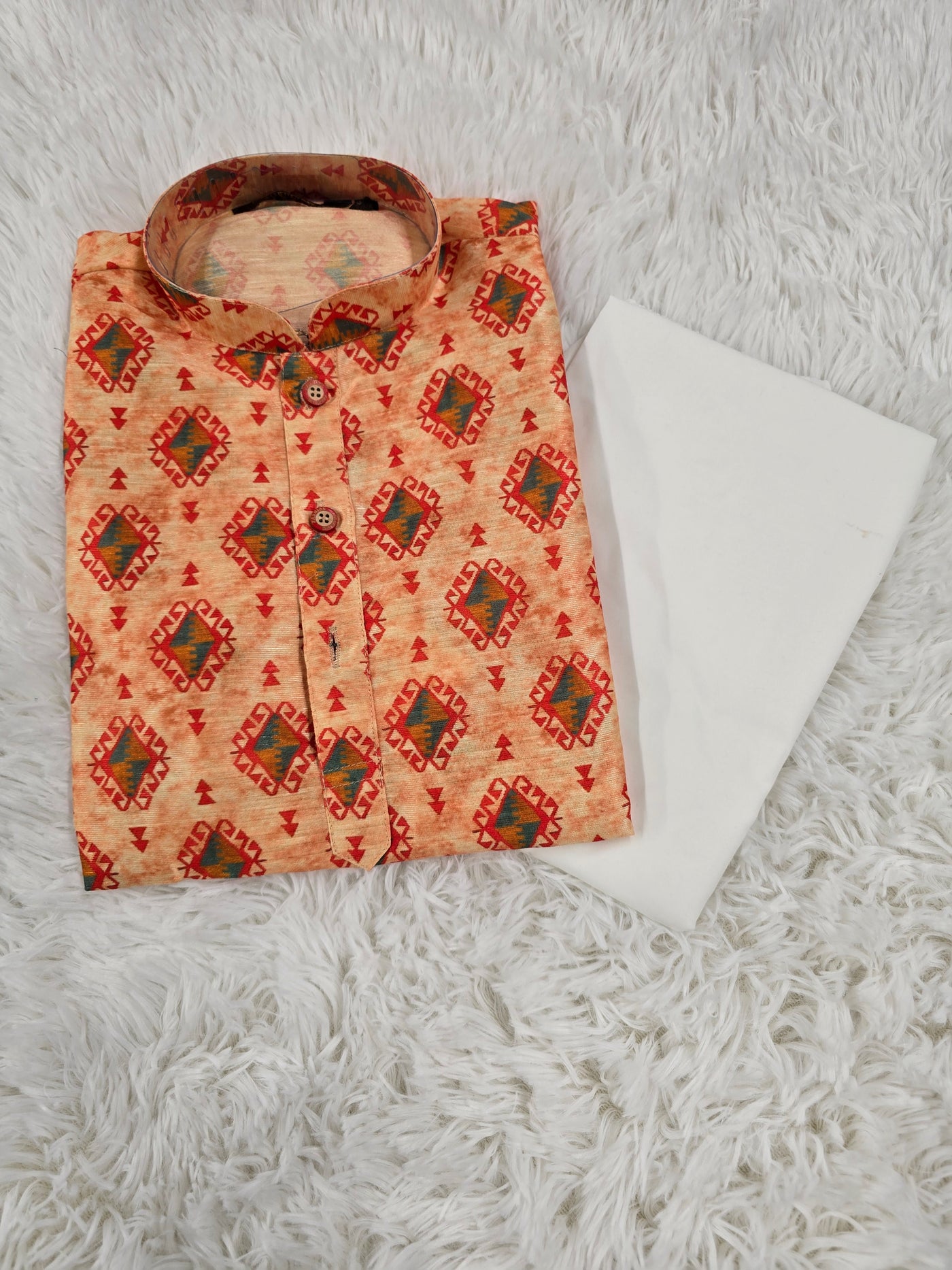 Boys Peach Printed Kurta Set with White Pajama