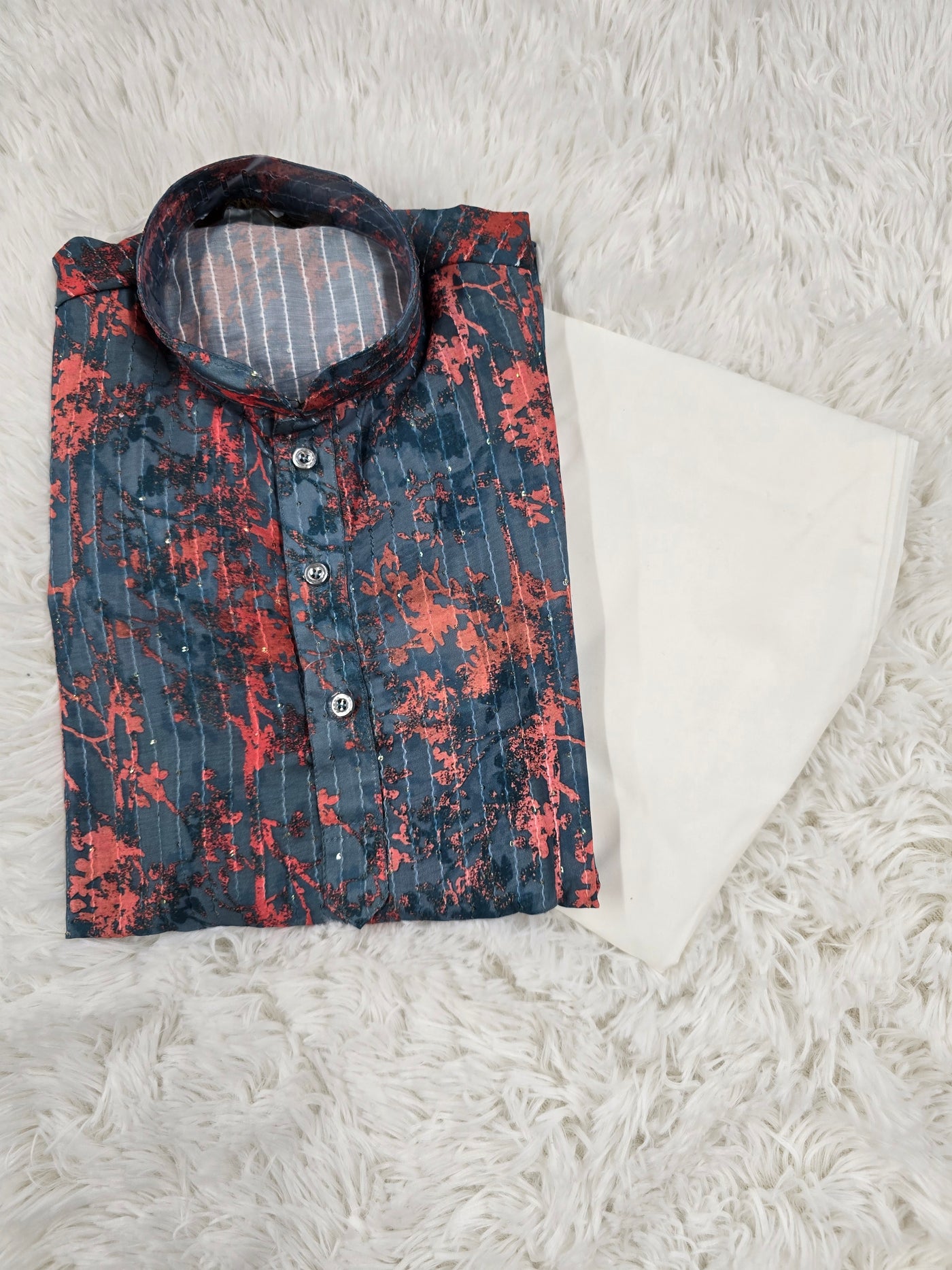 Boys Blue and Rust Abstract Printed Kurta Set with White Pajama