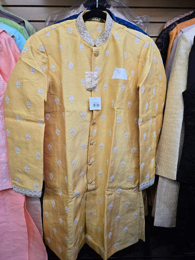 Men’s Mustard Embroidered Coat Style Kurta Pajama Set