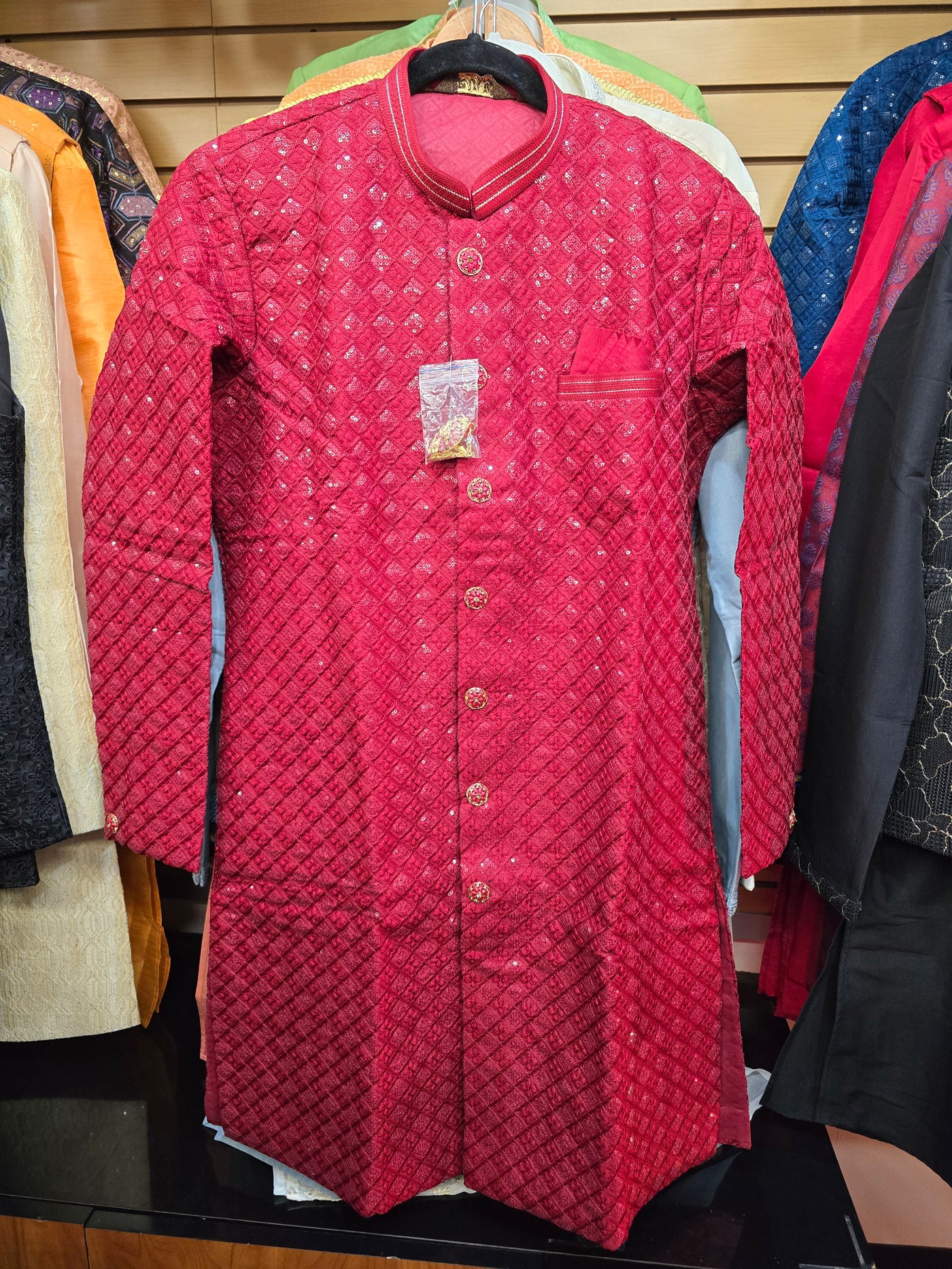 Men’s Red Textured Sequin Sherwani with White Pyjama