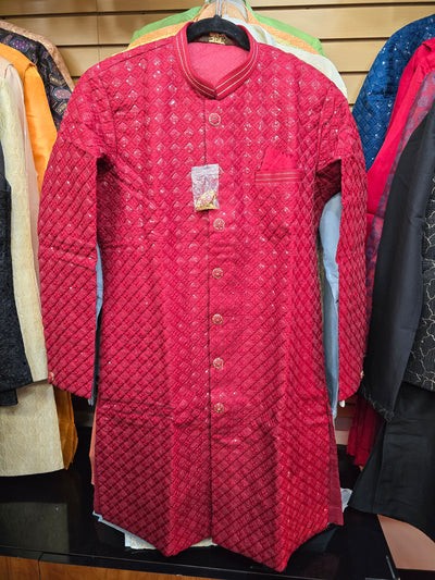 Men’s Red Textured Sequin Sherwani with White Pyjama