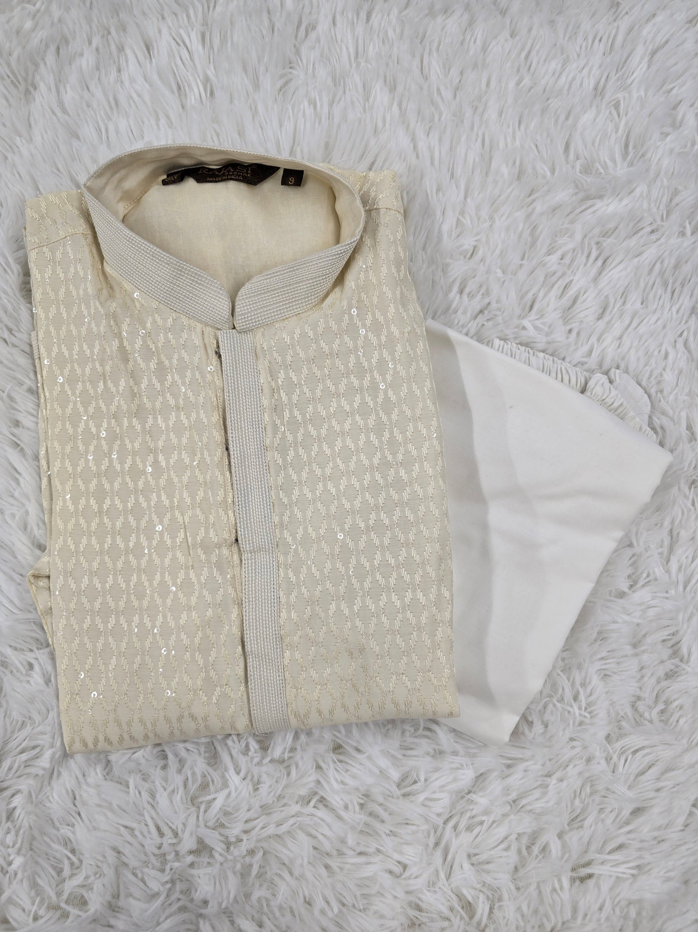 Boys Cream Sequin Kurta with White Pajama