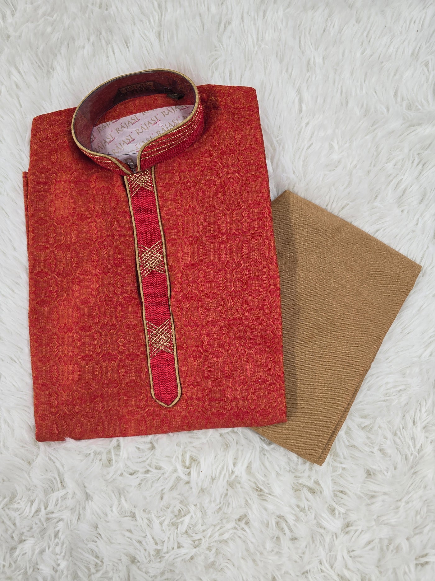 Boys Red Brocade Kurta with Brown Pajama