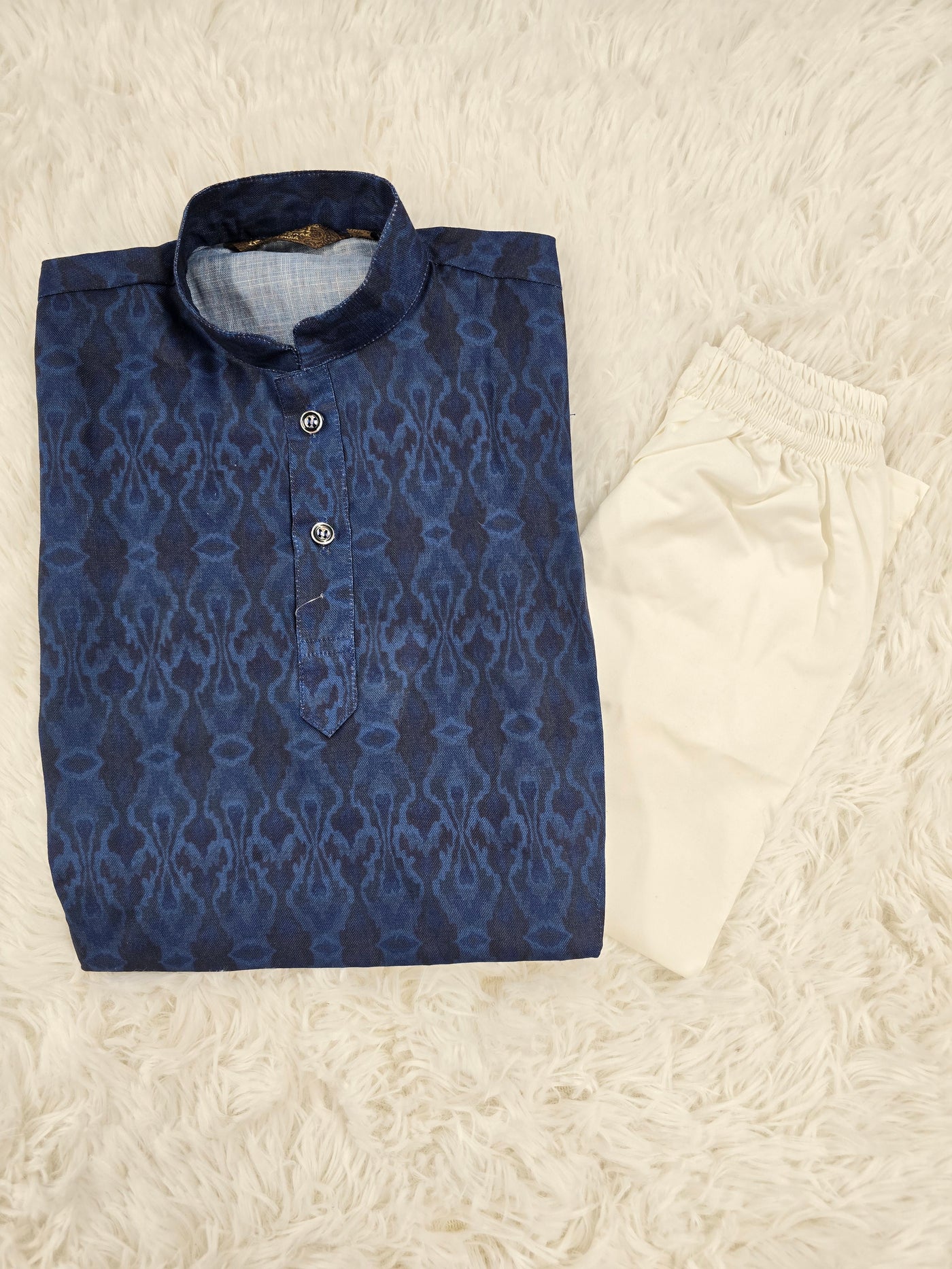 Boys Navy Blue Printed Kurta with White Pajama