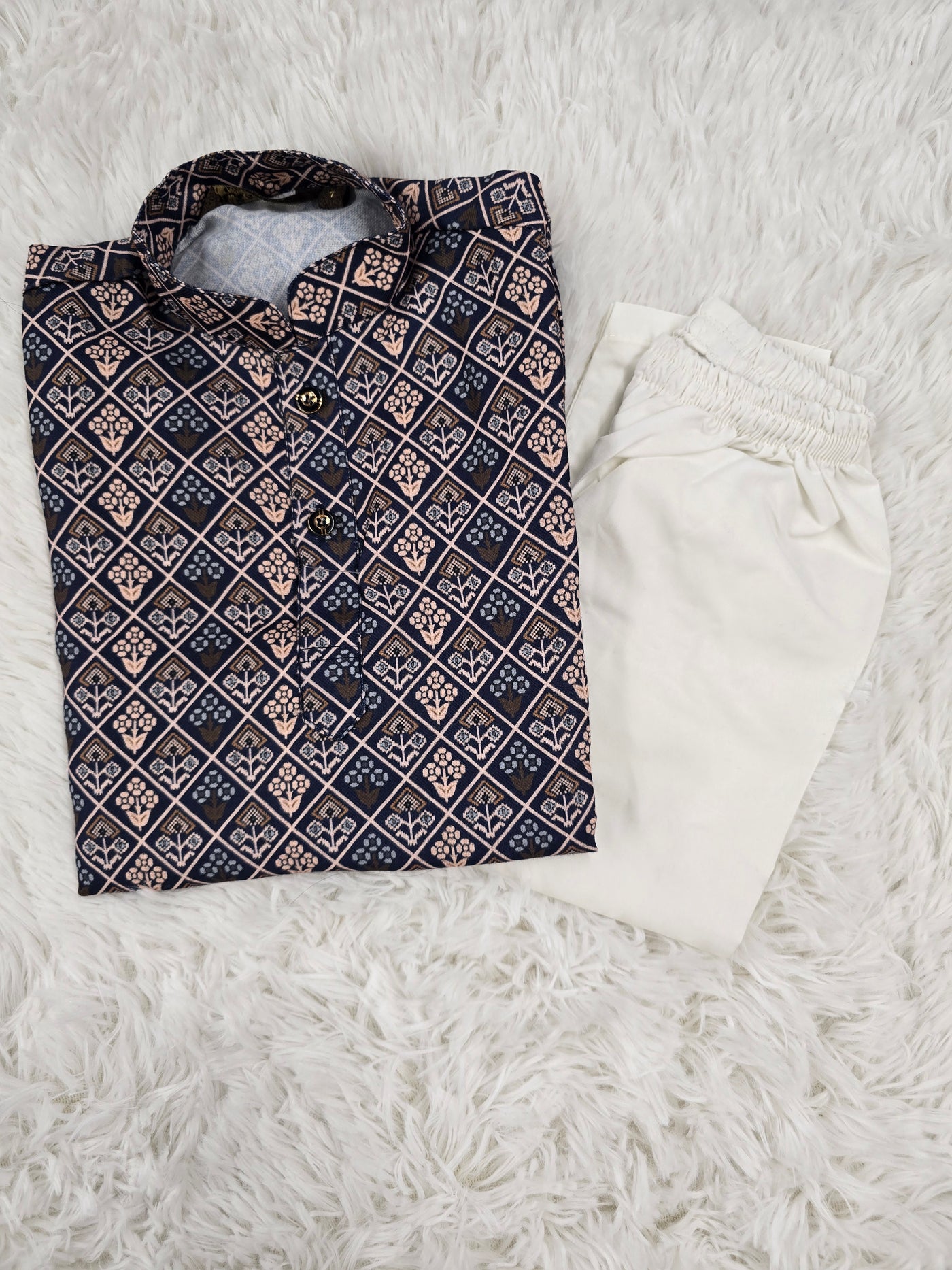 Boys Navy Blue Printed Kurta with White Pajama