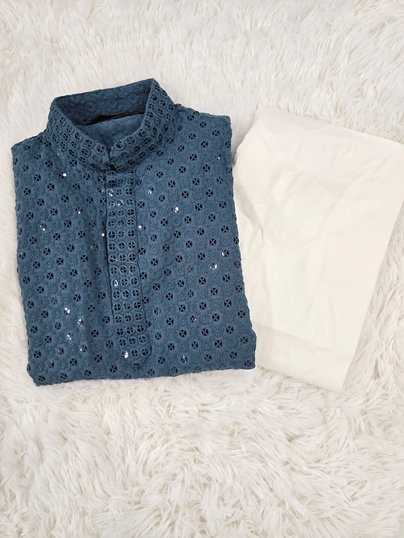 Boys Teal Blue Sequence Embroidered Kurta with White Pajama