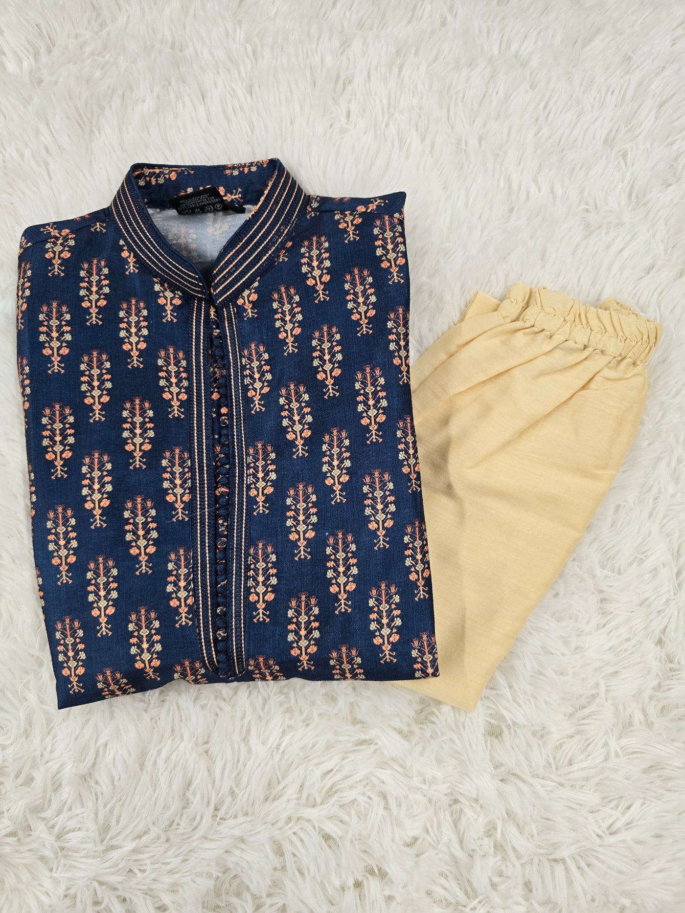 Boys Navy Blue Embroidered Kurta with Cream Pajama