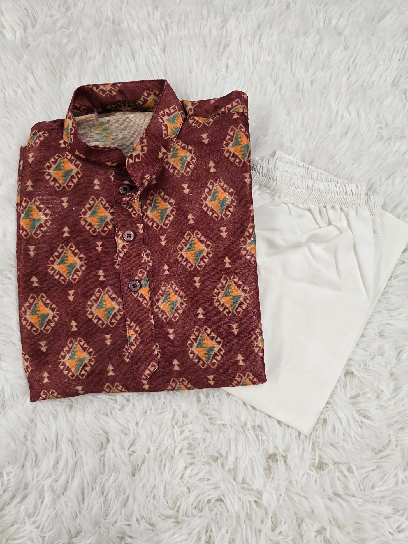 Boys Maroon Printed Kurta with White Pyjama