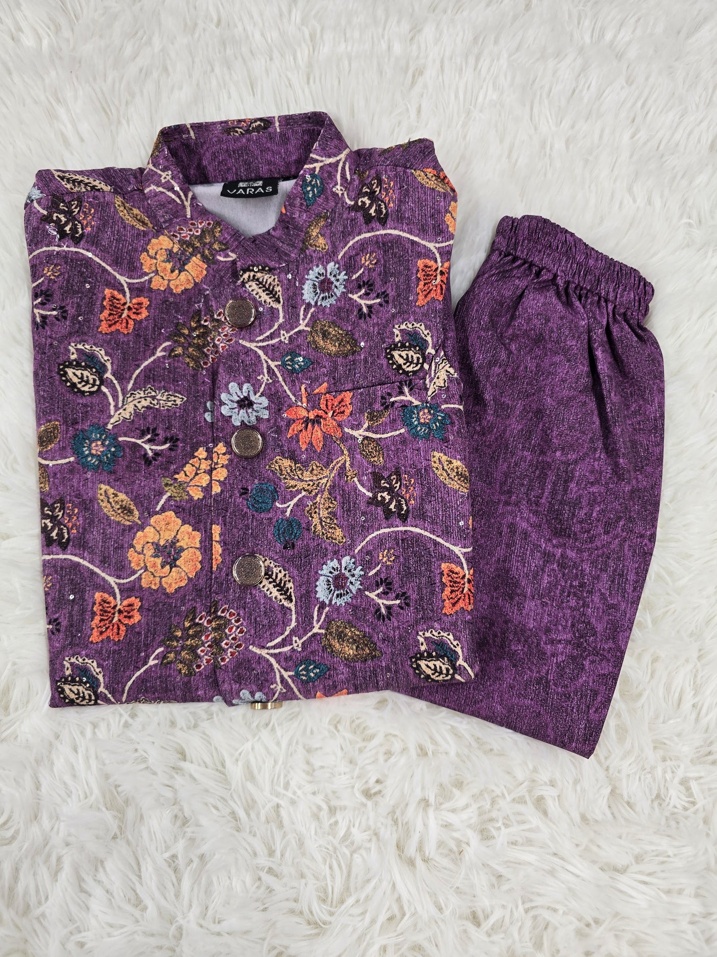 Boys Purple Floral Print Kurta Pyjama Set