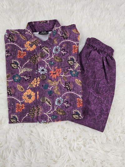 Boys Purple Floral Print Kurta Pyjama Set