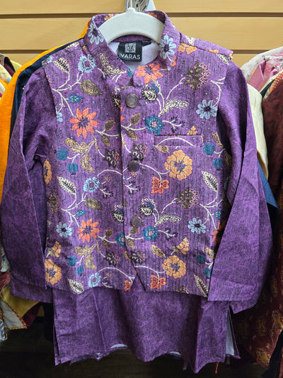Boys Purple Floral Print Kurta Pyjama Set