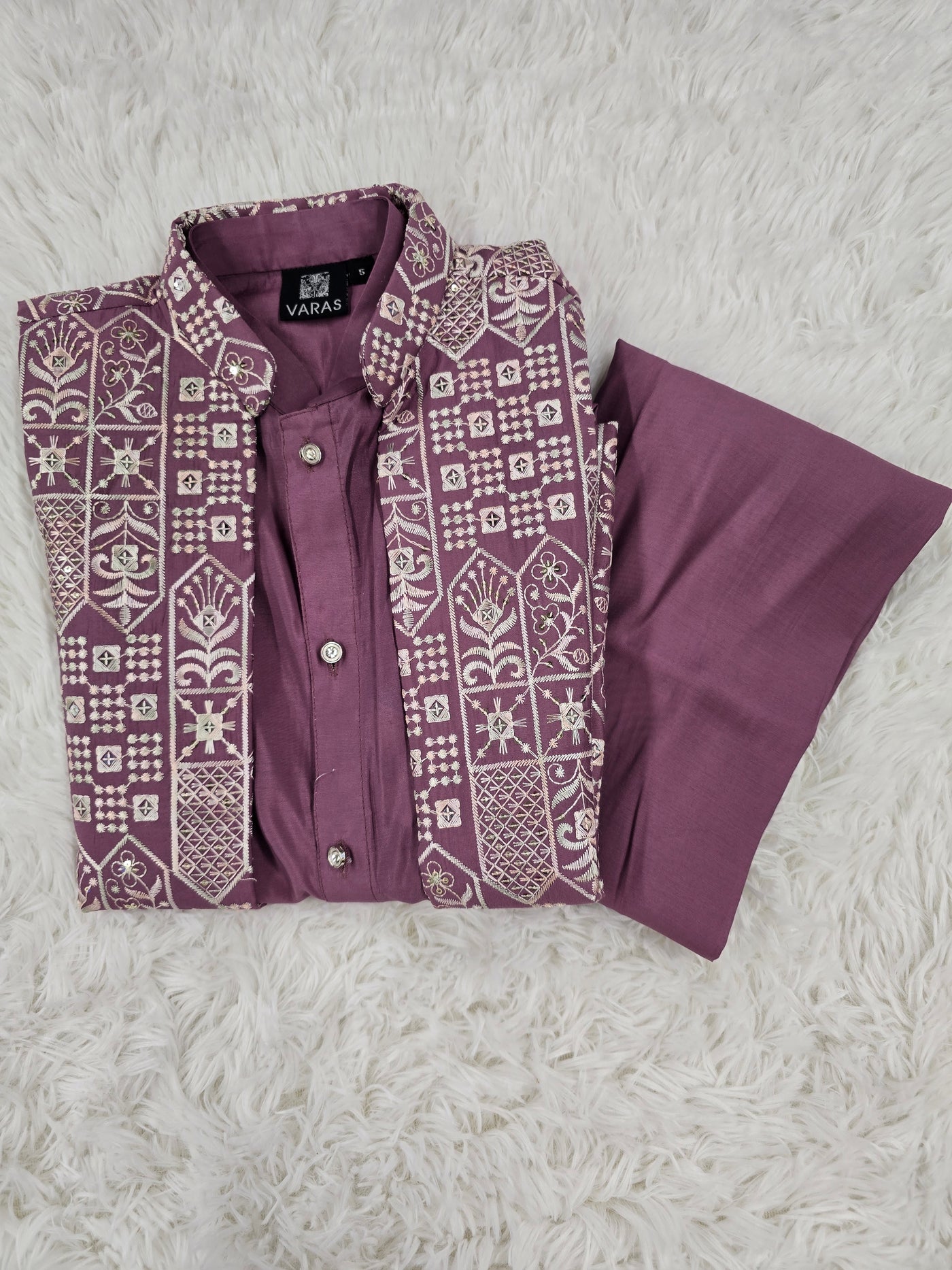 Boys Mauve Embroidered Kurta Pyjama With Jacket – 3-Piece Set