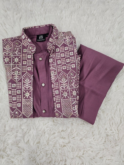 Boys Mauve Embroidered Kurta Pyjama With Jacket – 3-Piece Set