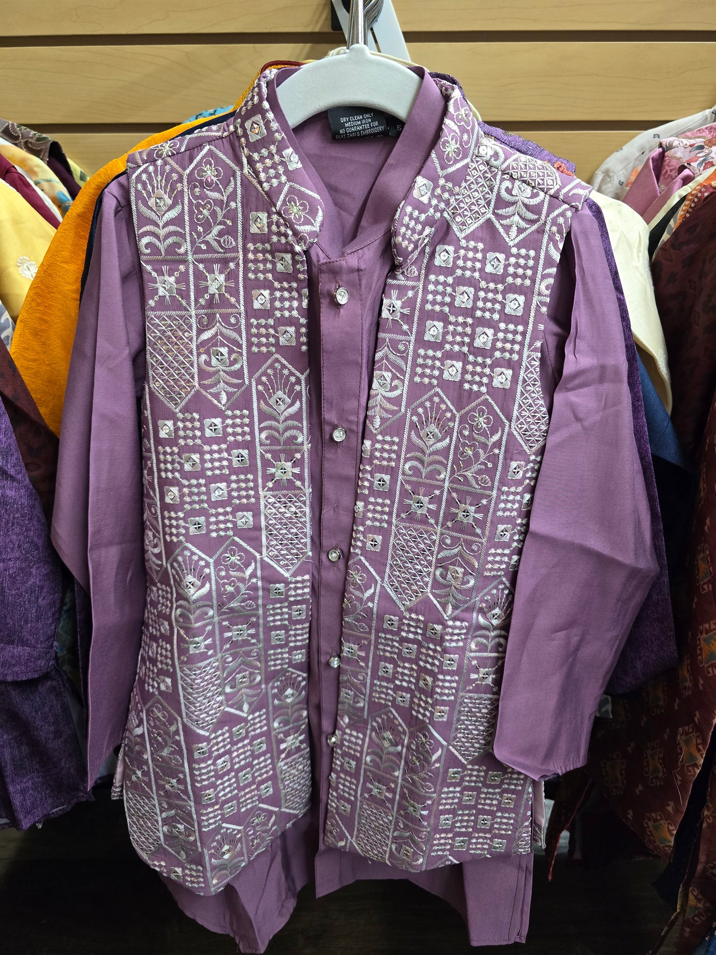 Boys Mauve Embroidered Kurta Pyjama With Jacket – 3-Piece Set