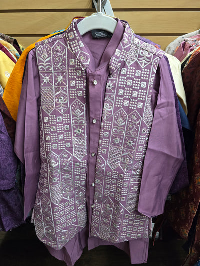 Boys Mauve Embroidered Kurta Pyjama With Jacket – 3-Piece Set