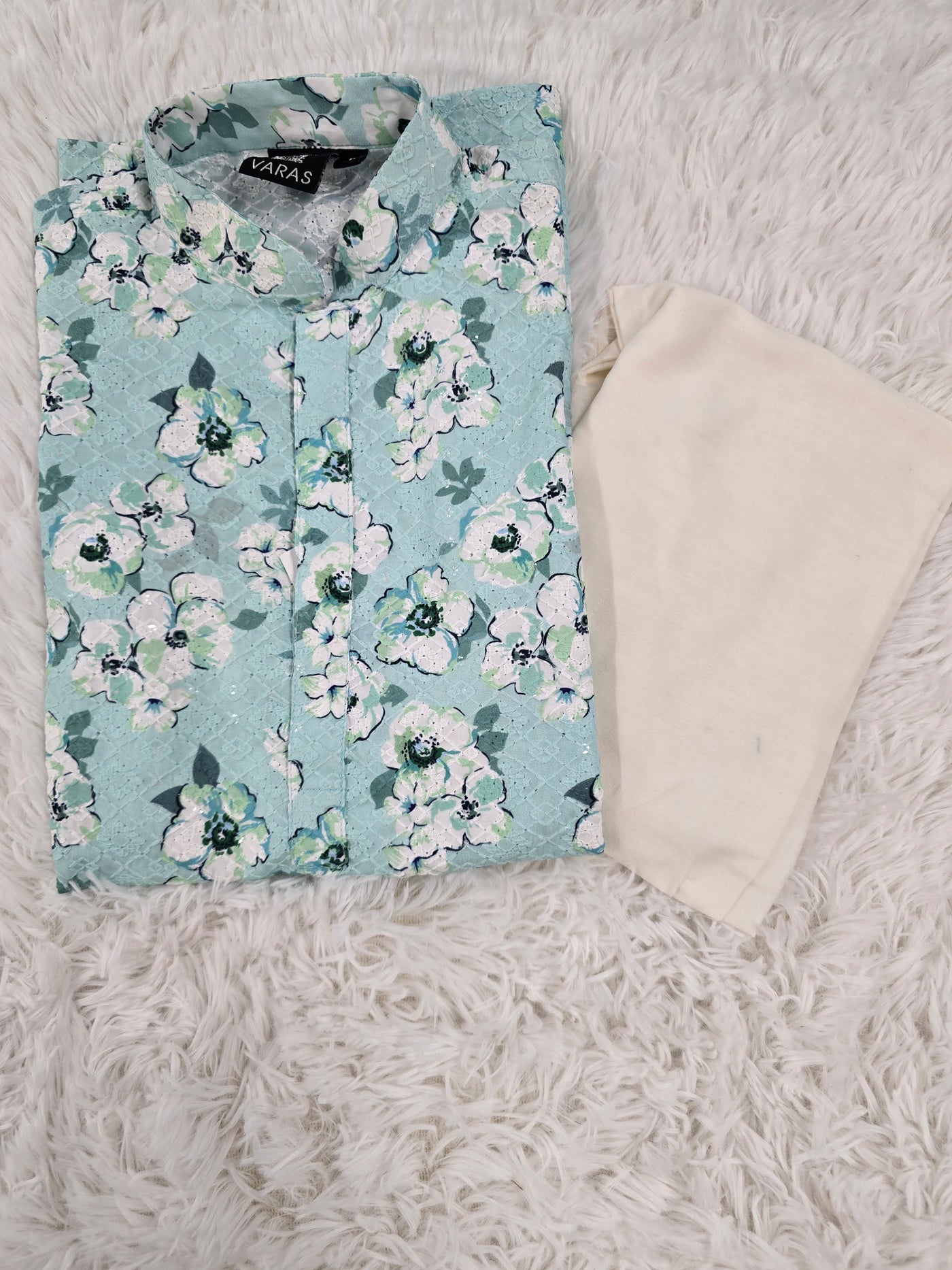 Boys Mint Green Floral Kurta With White Pyjama