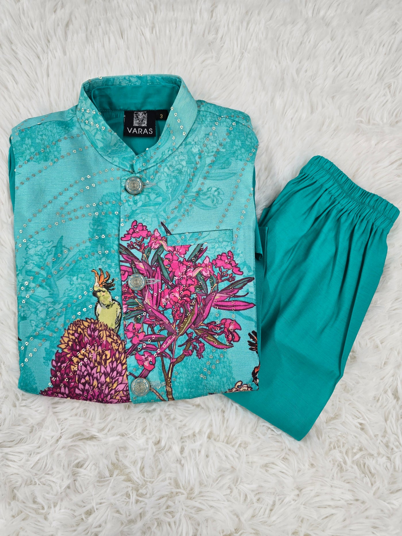 Boys Turquoise Printed 3-Piece Kurta Pyjama