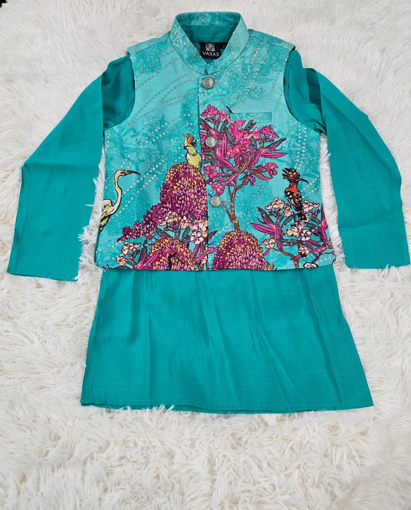 Boys Turquoise Printed 3-Piece Kurta Pyjama