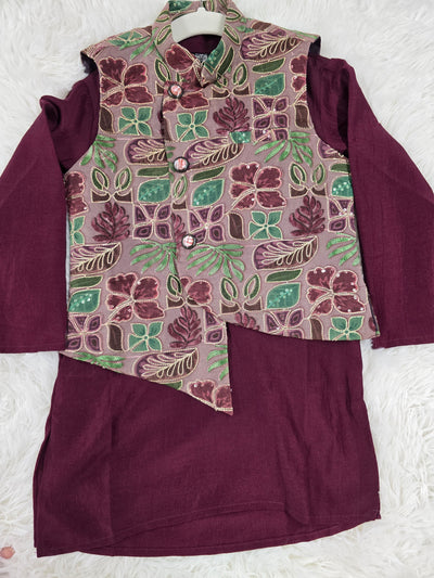 Boys Maroon Kurta Pyjama with Embroidered Coat