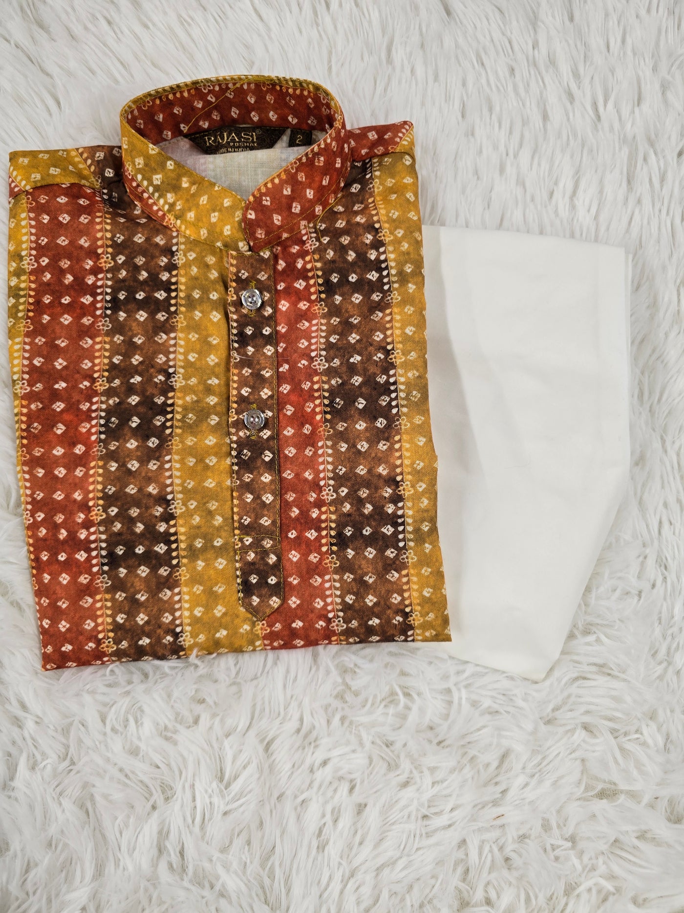 Boys Multicolor Printed Kurta Set With White Pyjama