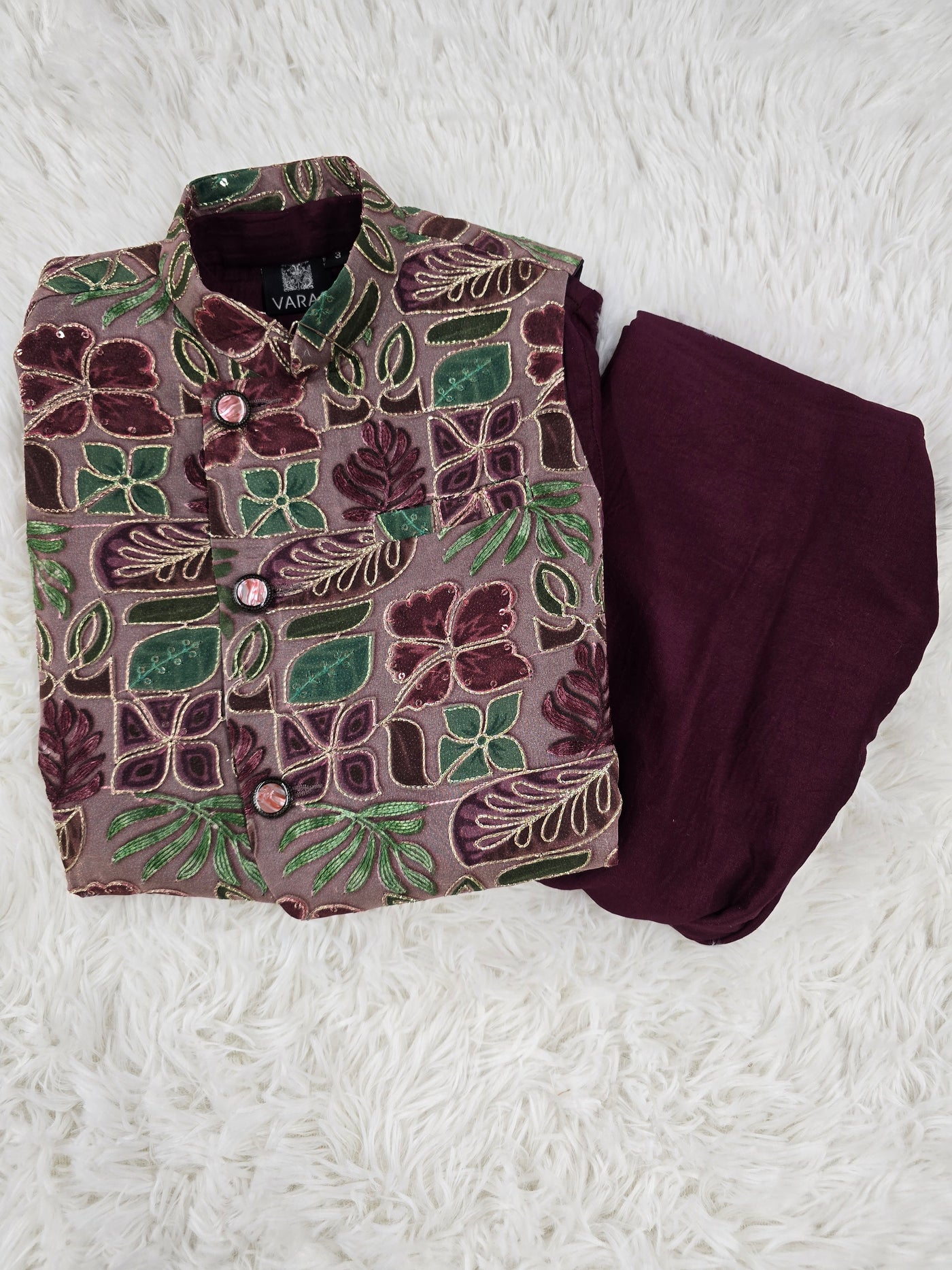 Boys Maroon Kurta Pyjama with Embroidered Coat