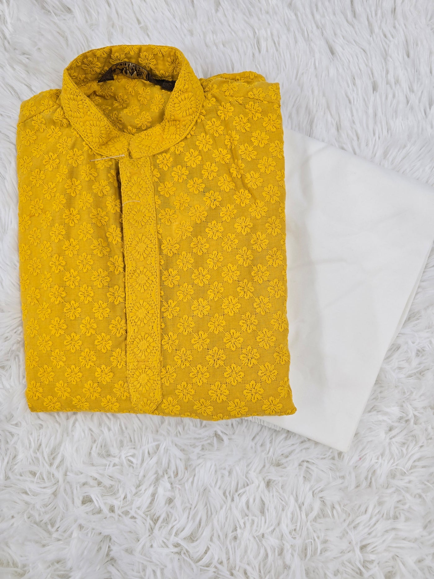 Boys Mustard Yellow Embroidered Kurta Pyjama Set
