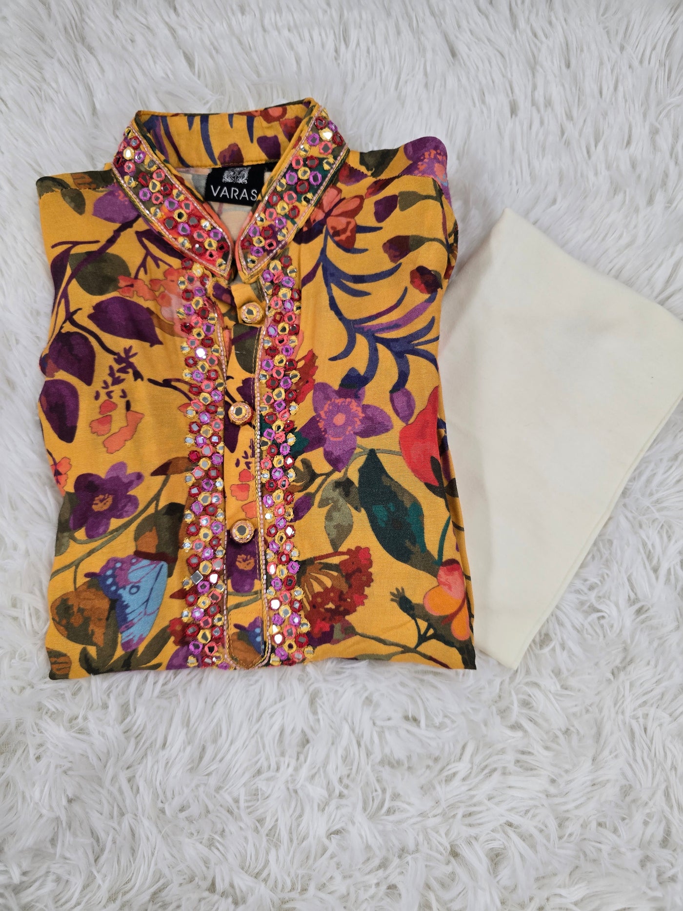 Boys Yellow Floral Mirror-Work Kurta With White Pyjama