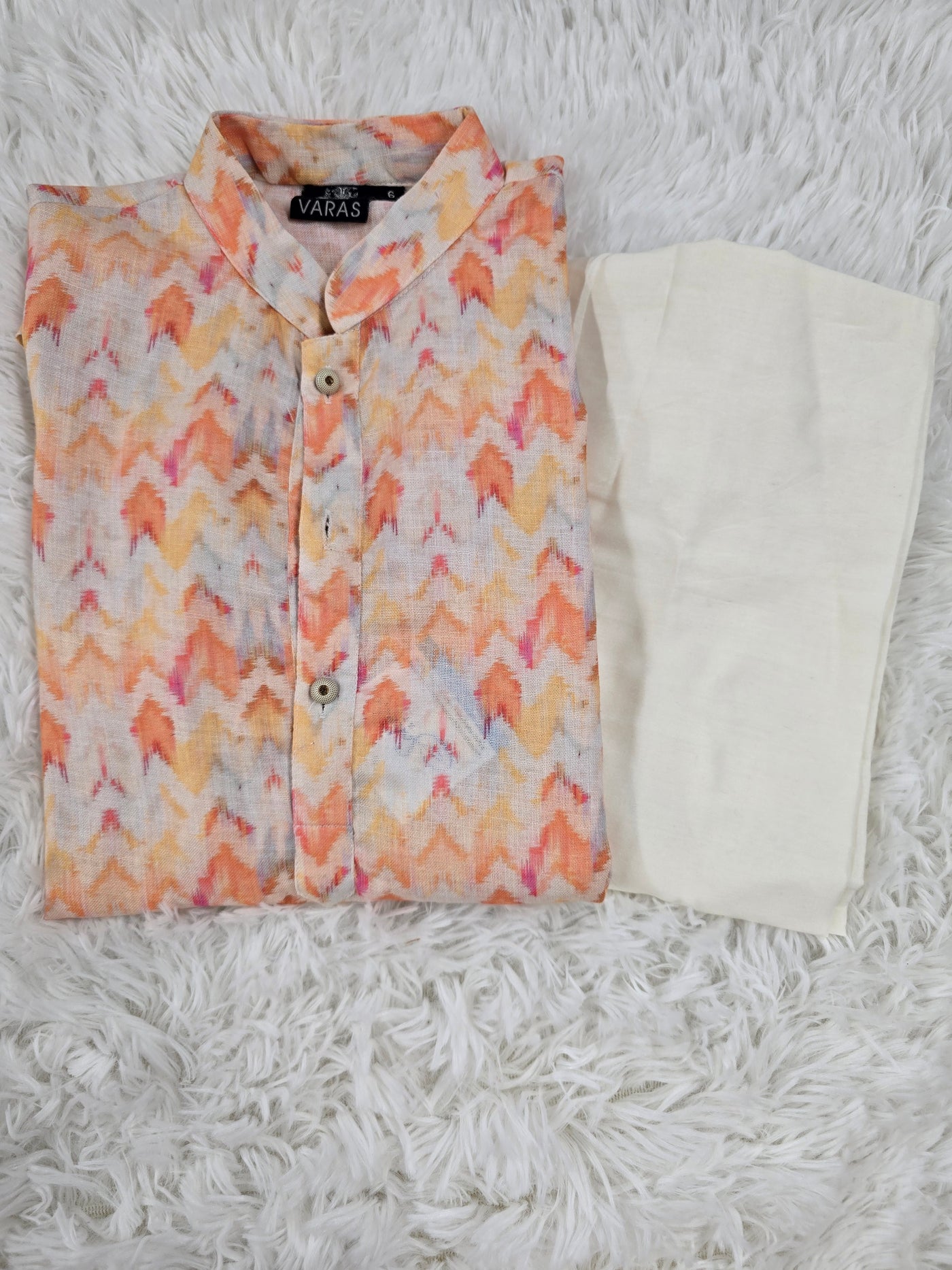 Boys Peach Ikat Kurta Pyjama Set