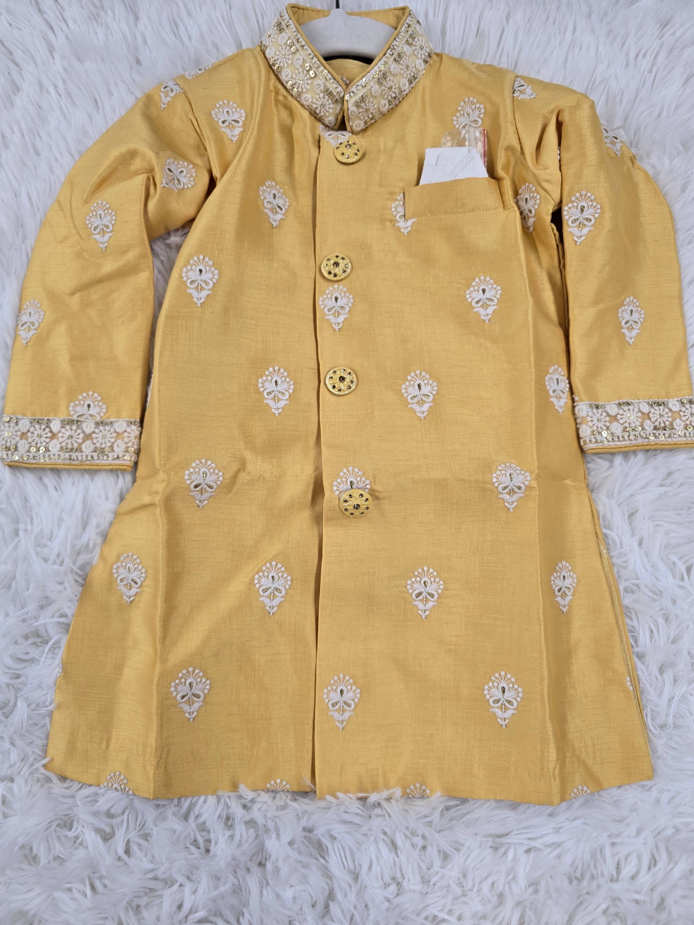 Boys Mustard Embroidered Kurta Pajama Set with Designer Collar