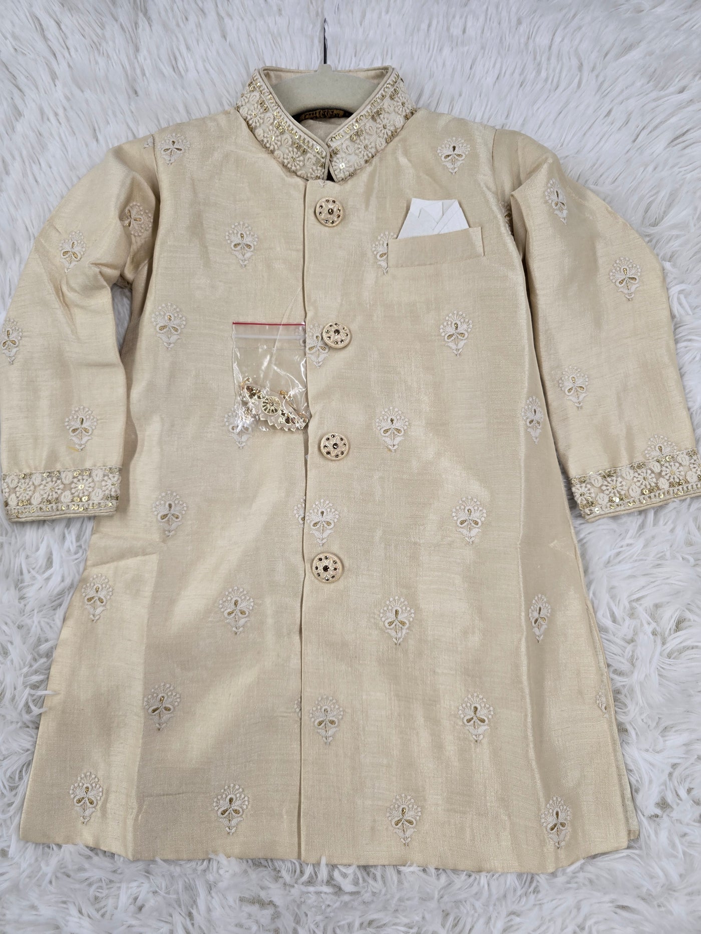 Boys Cream Embroidered Kurta Pajama Set with Elegant Collar Detailing