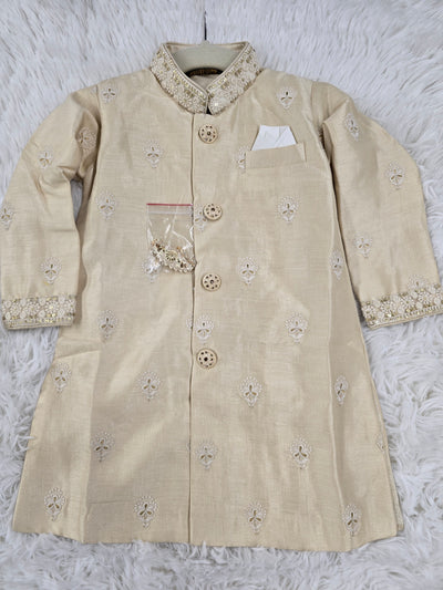 Boys Cream Embroidered Kurta Pajama Set with Elegant Collar Detailing