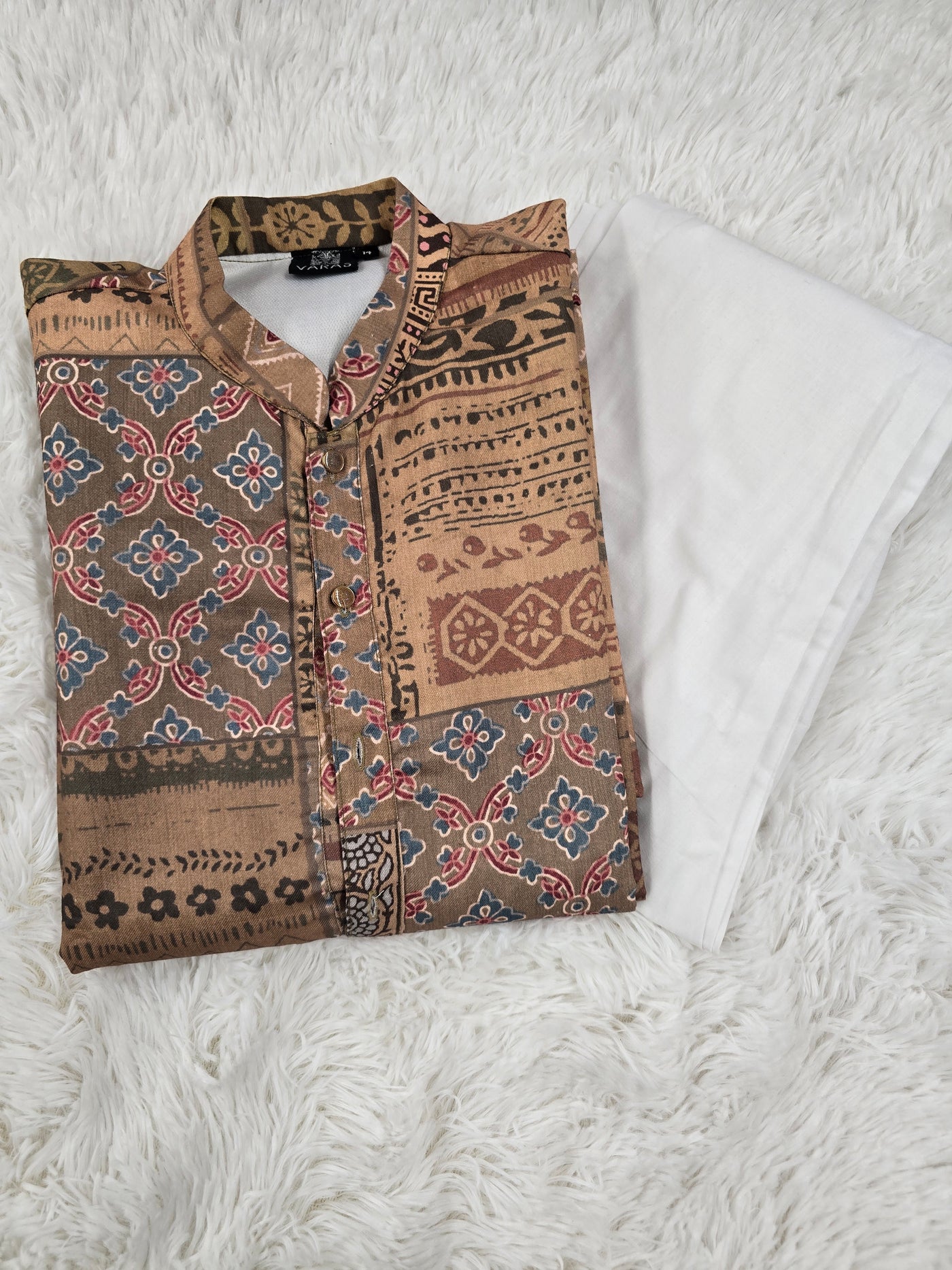 Boys Beige Printed Kurta with White Pajama