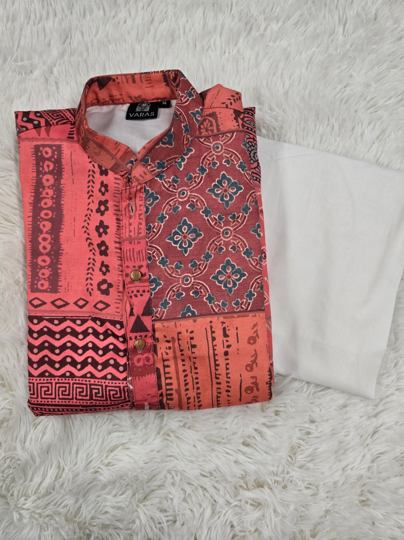 Boys Peach Multicolor Printed Kurta with White Pajama